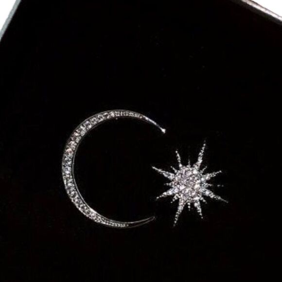 Silver Celestial Star & Moon Asymmetric Post Earrings - Picture 2 of 4